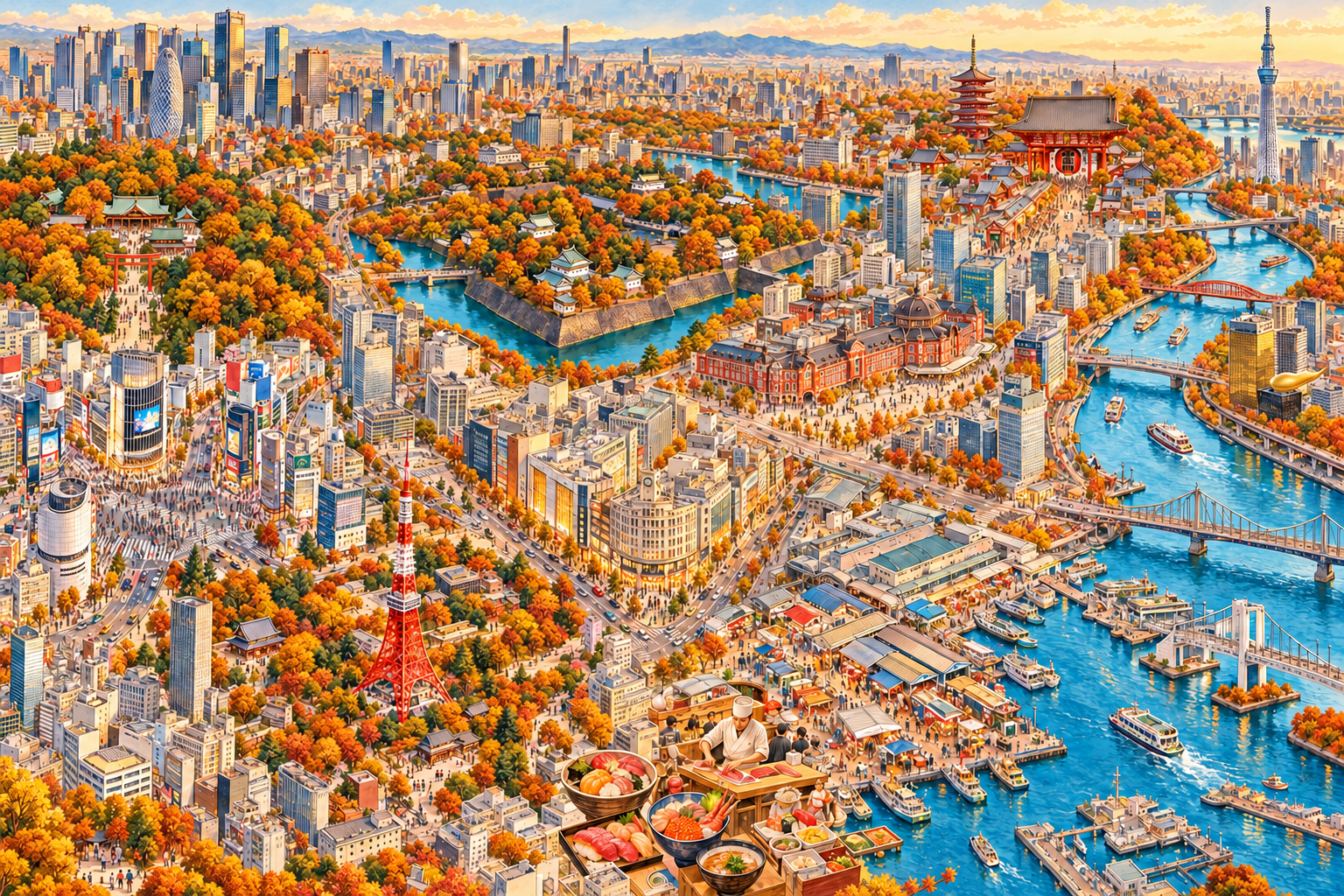 东京手绘城市鸟瞰图:浅草寺、隅田川、东京站、东京塔、明治神宫与涩谷